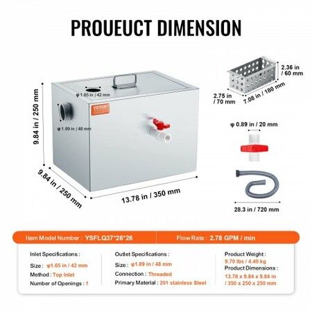 Commercial Grease Trap, 8 LBS Grease Interceptor, Top Inlet Interceptor, Under Sink Stainless Steel Grease Trap, 2.8 GPM Waste Water Oil-water Separator, for Restaurant Canteen Home Kitchen