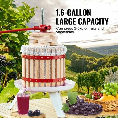 Fruit Wine Press, 6L/1.6 Gallon, Solid Wood Basket with 6 Blocks, Manual Juice Maker, Cider Apple Grape Tincture Vegetables Honey Olive Oil Making Press with Pole Handle Bar for Kitchen and Home