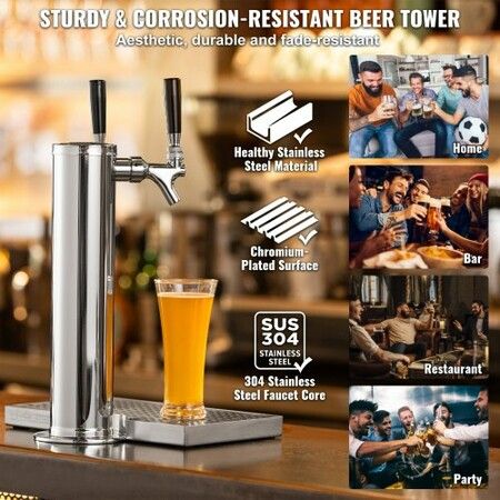 Double Taps Draft Beer Tower Dispenser Stainless Steel Keg Beer Tower