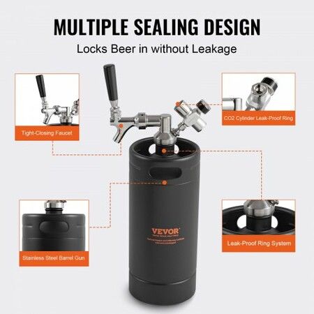 Beer Growler Tap System, 4L Mini Keg, 304 Stainless Steel Pressurized Beer Growler, Keg Growler with Pressure Display, CO2 Regulator Faucet, Leak-Proof Ring For Draft, Homebrew, Craft Beer