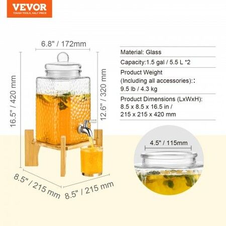 Beverage Dispenser, 1.5 Gallon Drink Dispensers for Parties, Glass Juice Dispenser with Stand, Stainless Steel Spigot, Iced Tea Lemonade Juice Water Dispenser, for Restaurants, Hotels, Parties