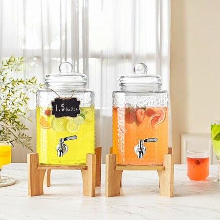 Beverage Dispenser, 1.5 Gallon Drink Dispensers for Parties, Glass Juice Dispenser with Stand, Stainless Steel Spigot, Iced Tea Lemonade Juice Water Dispenser, for Restaurants, Hotels, Parties