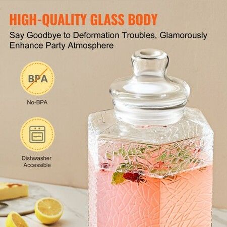 Beverage Dispenser, 2.5 Gallon Drink Dispensers for Parties, Glass Juice Dispenser with Stand, Stainless Steel Spigot, Iced Tea Lemonade Juice Water Dispenser, for Restaurants, Hotels, Parties