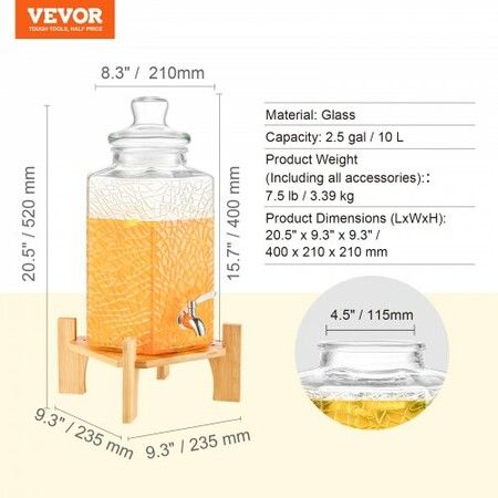 Beverage Dispenser, 2.5 Gallon Drink Dispensers for Parties, Glass Juice Dispenser with Stand, Stainless Steel Spigot, Iced Tea Lemonade Juice Water Dispenser, for Restaurants, Hotels, Parties