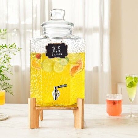 Beverage Dispenser, 2.5 Gallon Drink Dispensers for Parties, Glass Juice Dispenser with Stand, Stainless Steel Spigot, Iced Tea Lemonade Juice Water Dispenser, for Restaurants, Hotels, Parties