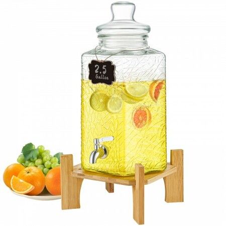 Beverage Dispenser, 2.5 Gallon Drink Dispensers for Parties, Glass Juice Dispenser with Stand, Stainless Steel Spigot, Iced Tea Lemonade Juice Water Dispenser, for Restaurants, Hotels, Parties