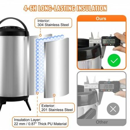 Stainless Steel Insulated Beverage Dispenser, 9.2 Liter, Thermal Hot and Cold Drink Server Dispenser with Spigot Handle, Food-grade for Hot Tea Coffee Water Restaurant Drink Shop