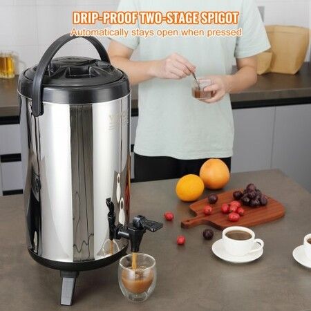 Stainless Steel Insulated Beverage Dispenser, 9.2 Liter, Thermal Hot and Cold Drink Server Dispenser with Spigot Handle, Food-grade for Hot Tea Coffee Water Restaurant Drink Shop