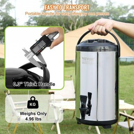 Stainless Steel Insulated Beverage Dispenser, 9.2 Liter, Thermal Hot and Cold Drink Server Dispenser with Spigot Handle, Food-grade for Hot Tea Coffee Water Restaurant Drink Shop