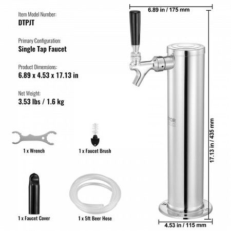 Single Faucet Draft Beer Tower Dispenser Stainless Steel Keg Beer Tower