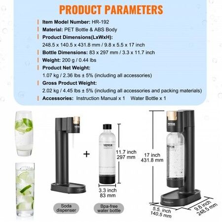 Sparkling Water Maker, Soda Maker Machine for Home Carbonating, Seltzer Water Starter Kit with BPA free 1L PET Bottle, Compatible with Mainstream Screw-in 60L CO2 Cylinder(NOT Included), Black