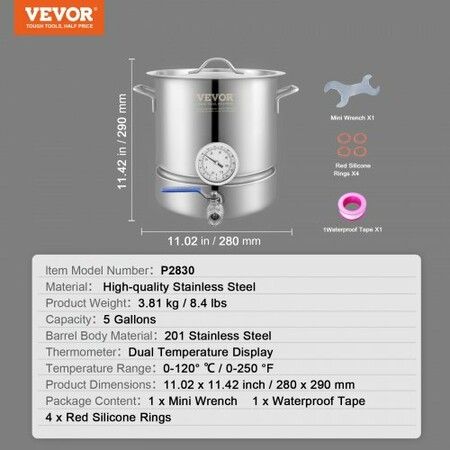 Stainless Steel Kettle, 5 GALLON Brewing Pot, Tri Ply Bottom for Beer, Brew Kettle Pot for Beer Brewing, Home Brewing Supplies Includes Lid, Handle, Thermometer, Ball Valve Spigot