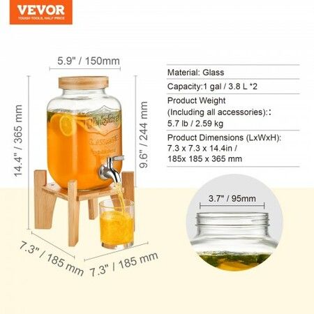 Beverage Dispenser, 1 Gallon Drink Dispensers for Parties, Glass Juice Dispenser with Stand, Stainless Steel Spigot, Iced Tea Lemonade Juice Water Dispenser, for Restaurants, Hotels, Parties