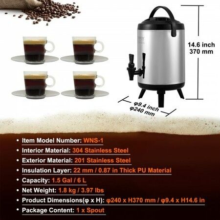 Stainless Steel Insulated Beverage Dispenser, 6 Liter, Thermal Hot and Cold Drink Server Dispenser with Spigot Handle, Food-grade for Hot Tea Coffee Water Restaurant Drink Shop