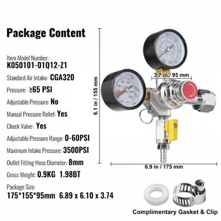 Double Gauge Regulator, CO2 Regulator Gauge with 0-60PSI, Heavy Duty CO2 Gauge Gas System, Draft Beer Regulator with Check Valve, Adjustable Pressure Regulator for Draft Beer Homebrew, CGA320