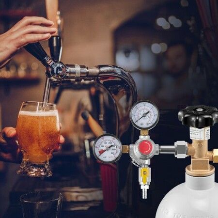 Double Gauge Regulator, CO2 Regulator Gauge with 0-60PSI, Heavy Duty CO2 Gauge Gas System, Draft Beer Regulator with Check Valve, Adjustable Pressure Regulator for Draft Beer Homebrew, CGA320