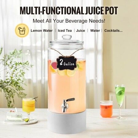 Beverage Dispenser, 2 Gallon Drink Dispensers for Parties, Glass Juice Dispenser with Stainless Steel Spigot, Iced Tea Lemonade Juice Water Dispenser, for Restaurants, Hotels, Parties