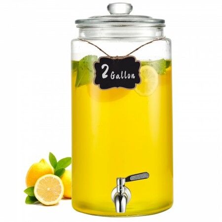 Beverage Dispenser, 2 Gallon Drink Dispensers for Parties, Glass Juice Dispenser with Stainless Steel Spigot, Iced Tea Lemonade Juice Water Dispenser, for Restaurants, Hotels, Parties