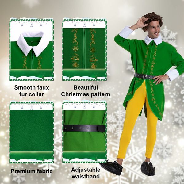 Budby the Elf Costume Mens Christmas Elf Costume with Wig Cosplay Full Set Holiday Party Costumes (Size:3X-Large)