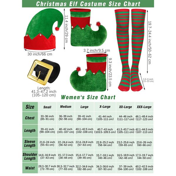 5 Pack Women Christmas Elf Costume Set Velvet Dress Belt Striped Over Knee High Socks Elf Hat Shoes for Cosplay (Size:3X-Large)