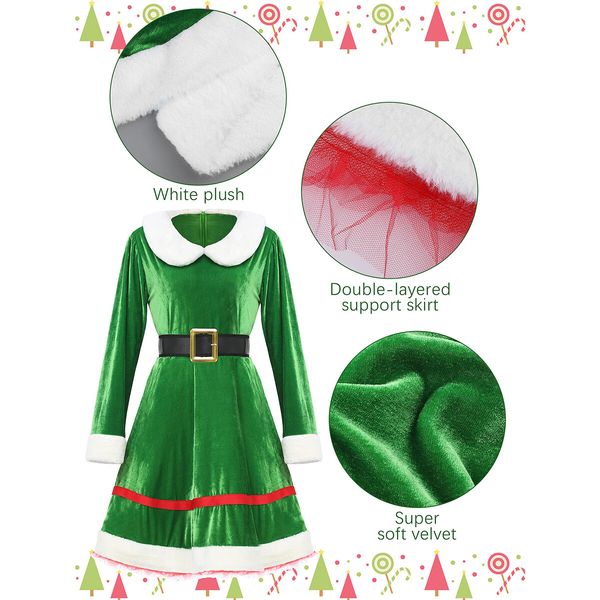 5 Pack Women Christmas Elf Costume Set Velvet Dress Belt Striped Over Knee High Socks Elf Hat Shoes for Cosplay (Size:3X-Large)