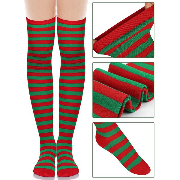 5 Pack Women Christmas Elf Costume Set Velvet Dress Belt Striped Over Knee High Socks Elf Hat Shoes for Cosplay (Size:3X-Large)