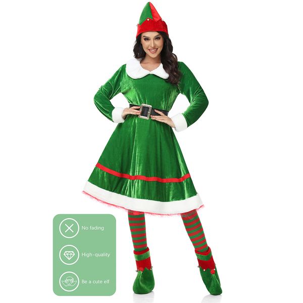 5 Pack Women Christmas Elf Costume Set Velvet Dress Belt Striped Over Knee High Socks Elf Hat Shoes for Cosplay (Size:3X-Large)