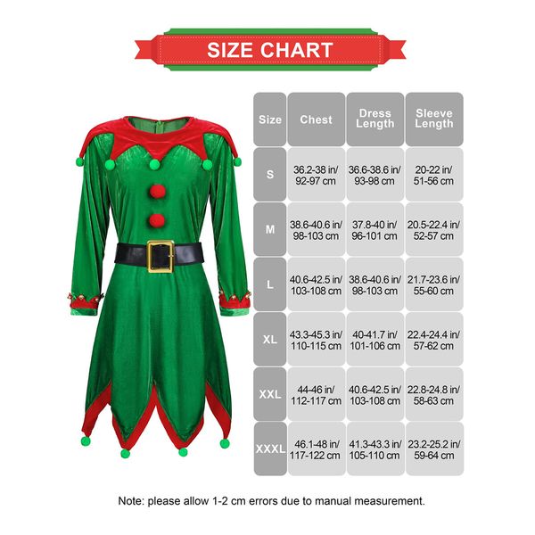 6 Pack Women Christmas Elf Costume Set Velvet Dress Santas Helper Costume Xmas Outfit Elf Hat Shoes Ears Belt Socks (Size:XX-Large)