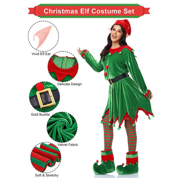 6 Pack Women Christmas Elf Costume Set Velvet Dress Santas Helper Costume Xmas Outfit Elf Hat Shoes Ears Belt Socks (Size:XX-Large)