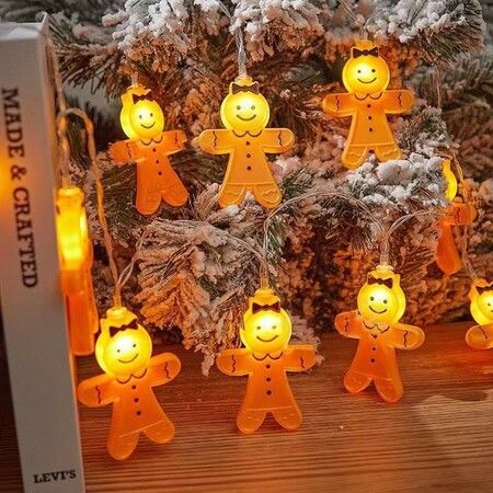 Gingerbread Man Garland Lights, 10ft Gingerbread LED Lights, Battery Operated Christmas Lights