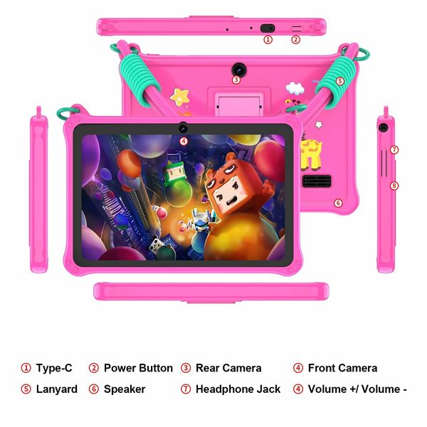 7 inch Kids Android 13 Tablet with Lanyard, 32GB with WiFi, Dual Camera, Education, Games, Kids Software Pre-Installed, Parental Control, Pink