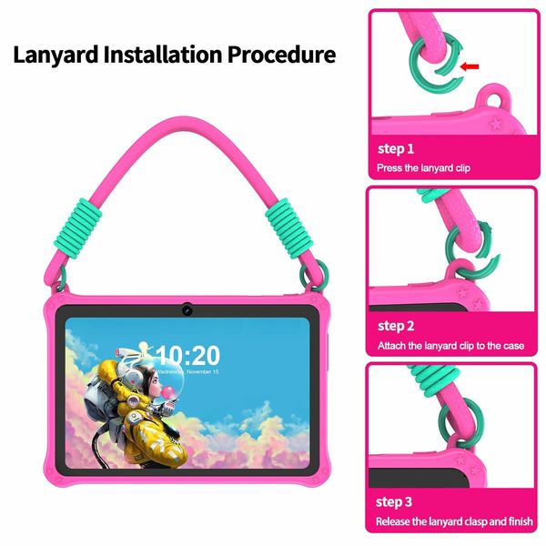 7 inch Kids Android 13 Tablet with Lanyard, 32GB with WiFi, Dual Camera, Education, Games, Kids Software Pre-Installed, Parental Control, Pink