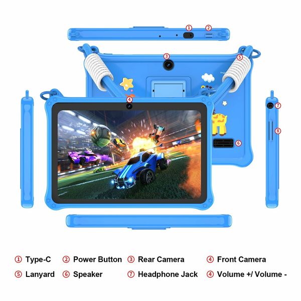 7 inch Kids Android 13 Tablet with Lanyard, 32GB with WiFi, Dual Camera, Education, Games, Kids Software Pre-Installed, Parental Control, Blue