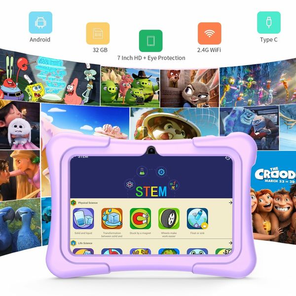 7 inch Kids Tablets with WiFi, 32GB, Bluetooth, Camera, Parental Control, Pre-Installed APPs, Games, Learning Educational Tablet with Case, Purple