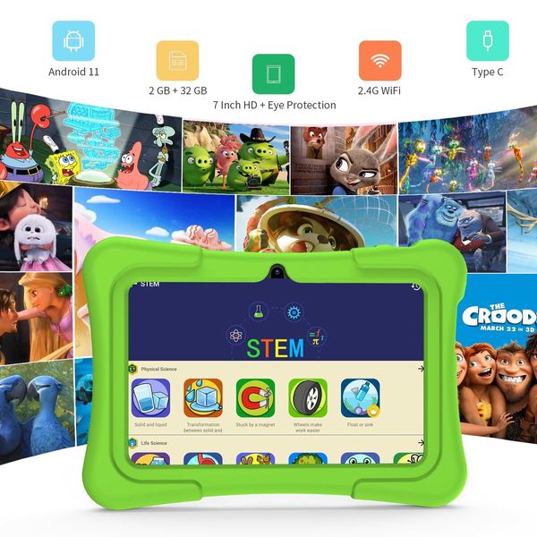 7 inch Kids Tablets with WiFi, 32GB, Bluetooth, Camera, Parental Control, Pre-Installed APPs, Games, Learning Educational Tablet with Case, Green