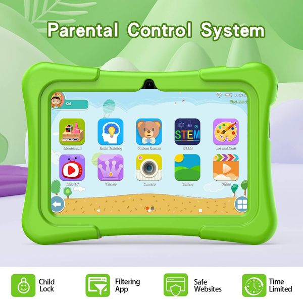 7 inch Kids Tablets with WiFi, 32GB, Bluetooth, Camera, Parental Control, Pre-Installed APPs, Games, Learning Educational Tablet with Case, Green