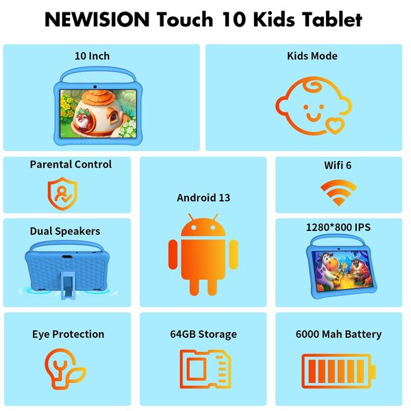 10.1 inch Android 13 Tablet for Kids with 4GB RAM 64GB ROM, 6000mAh, Bluetooth,WiFi,Parental Control,Dual Camera, App Pre-Installed(Blue)