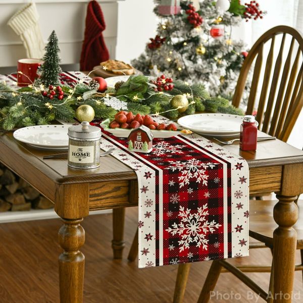 Buffalo Plaid Snowflakes Christmas Table Runner,Seasonal Winter Kitchen Dining Table Decoration 13x72 Inch