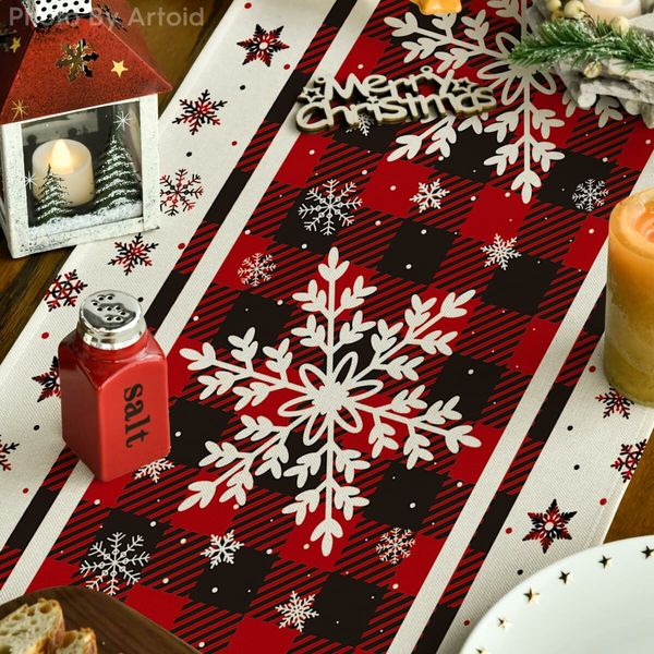 Buffalo Plaid Snowflakes Christmas Table Runner,Seasonal Winter Kitchen Dining Table Decoration 13x72 Inch