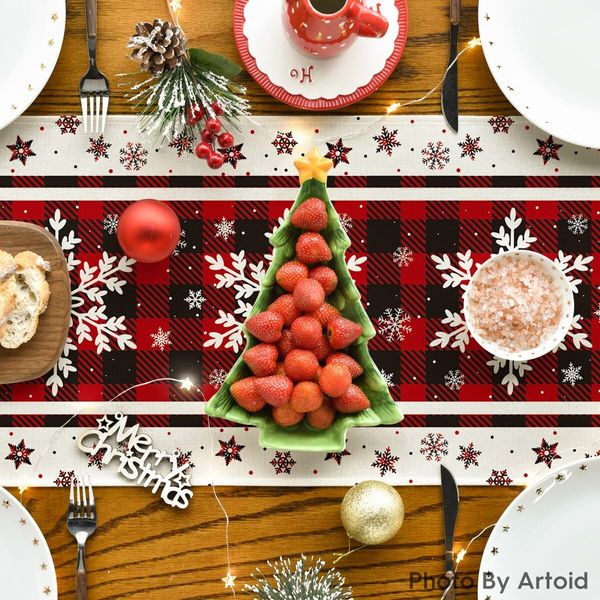 Buffalo Plaid Snowflakes Christmas Table Runner,Seasonal Winter Kitchen Dining Table Decoration 13x72 Inch