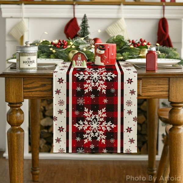 Buffalo Plaid Snowflakes Christmas Table Runner,Seasonal Winter Kitchen Dining Table Decoration 13x36 Inch