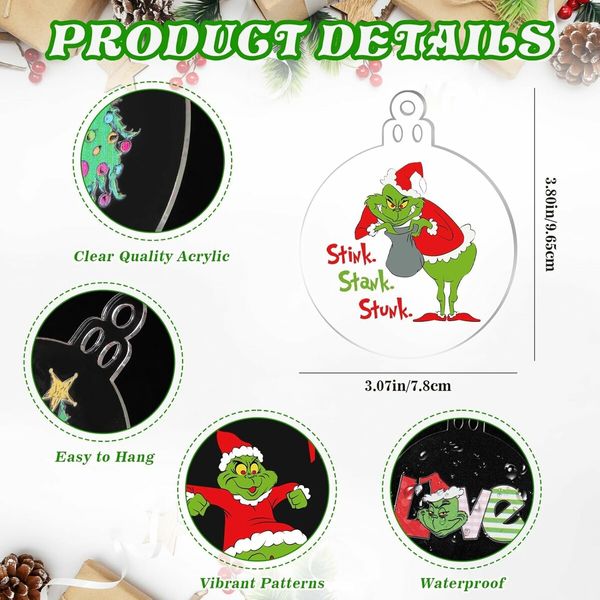 12 Pack Round Clear Acrylic Christmas Ornaments, Green Gnome Decorations for Hanging on Tree and Party Favors