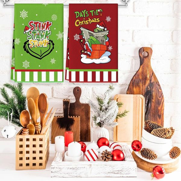 Merry Christmas Kitchen Dish Towel Set of 2, Grinch Christmas Hand Drying Baking Cooking Cloth, Winter Holiday Xmas Decor Home Decorations