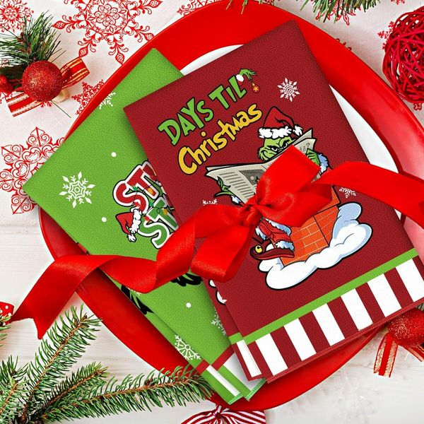 Merry Christmas Kitchen Dish Towel Set of 2, Grinch Christmas Hand Drying Baking Cooking Cloth, Winter Holiday Xmas Decor Home Decorations