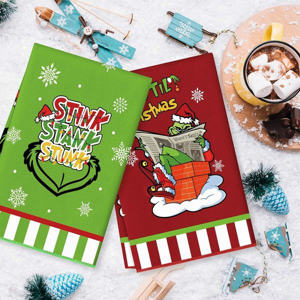 Merry Christmas Kitchen Dish Towel Set of 2, Grinch Christmas Hand Drying Baking Cooking Cloth, Winter Holiday Xmas Decor Home Decorations