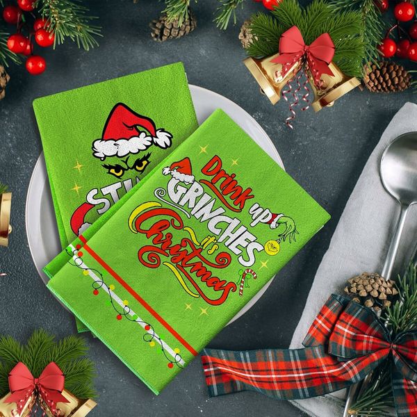 Merry Christmas Kitchen Dish Towel Set of 2, Grinch Christmas Hand Drying Baking Cooking Cloth, Winter Holiday Xmas Decor Home Decorations