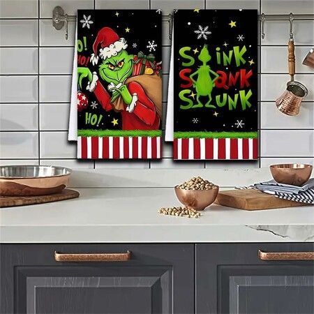 Merry Christmas Kitchen Dish Towel Set of 2, Grinch Christmas Hand Drying Baking Cooking Cloth, Winter Holiday Xmas Decor Home Decorations