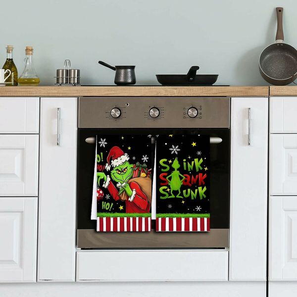 Merry Christmas Kitchen Dish Towel Set of 2, Grinch Christmas Hand Drying Baking Cooking Cloth, Winter Holiday Xmas Decor Home Decorations