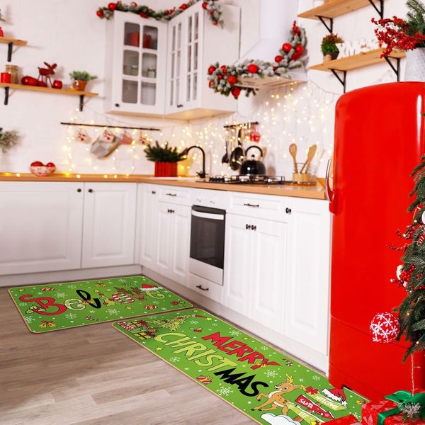 Christmas Kitchen Floor Rugs Kitchen Mat Set of 2, Merry Christmas Green Kitchen Decorations Indoor, Non Slip Soft Washable Mats (40*60+40*120cm)