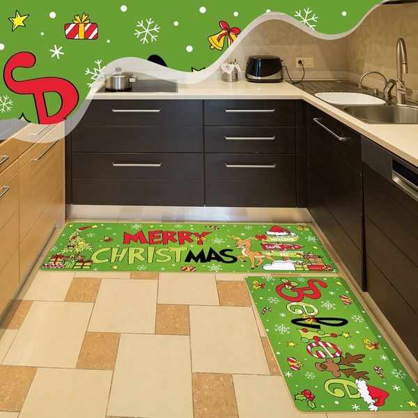 Christmas Kitchen Floor Rugs Kitchen Mat Set of 2, Merry Christmas Green Kitchen Decorations Indoor, Non Slip Soft Washable Mats (40*60+40*120cm)